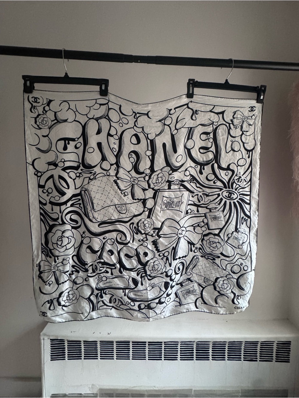 CHANEL Black & White Illustrated Logo Silk Scarf